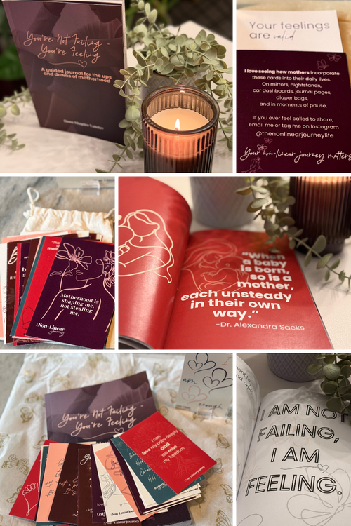 Collage of motivational cards with quotes, a lit candle, and greenery.